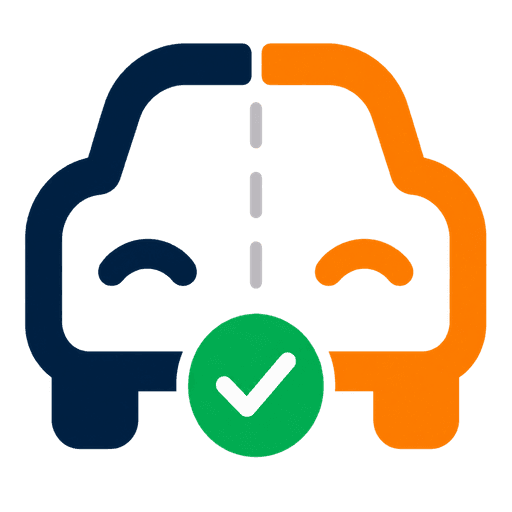 Blaue und orange Autohälfte mit grünem Haken